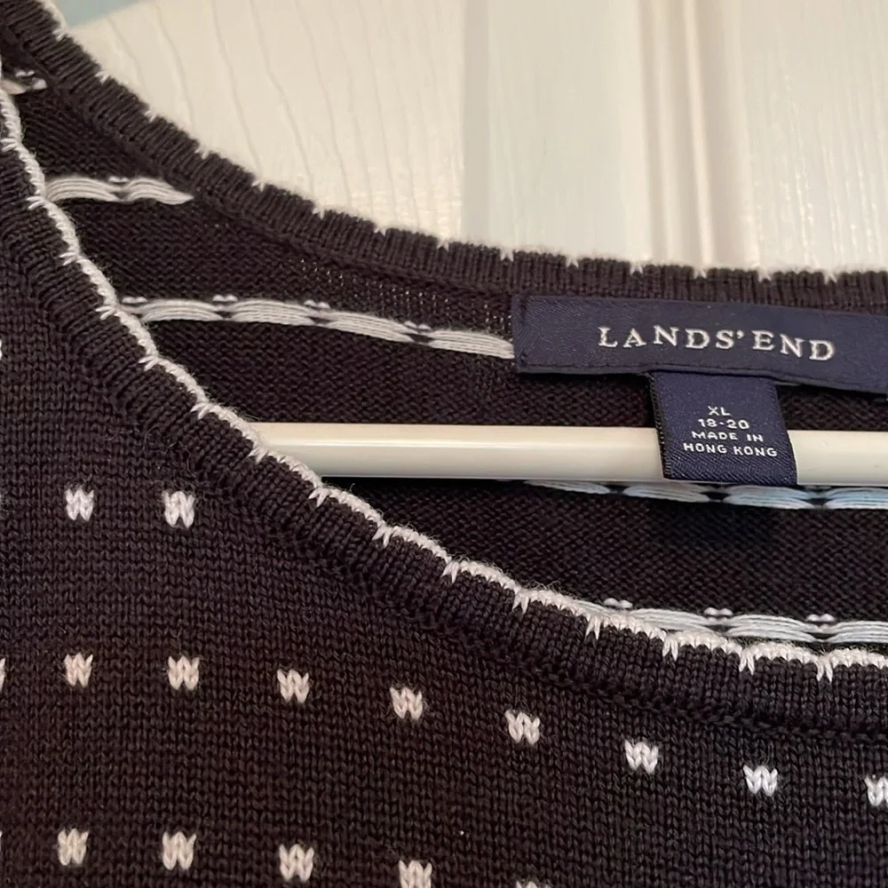 Lands’ End XL black white polka dot sweater vest 100% cotton knit scalloped neck
